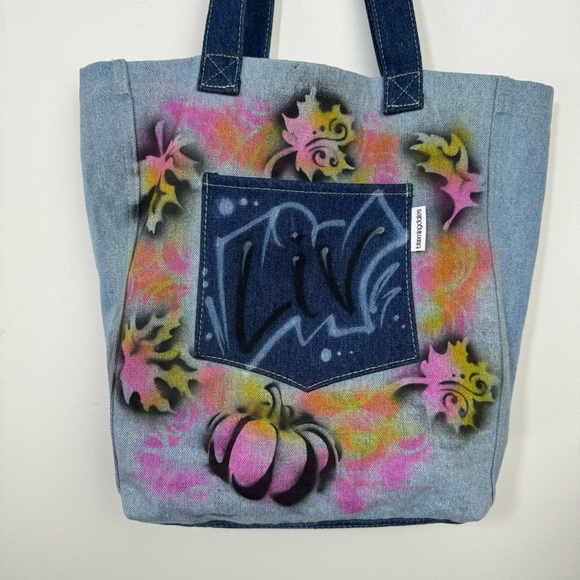 Bloomingdale’s Denim Jean Tote Bag Travel shopper Graffiti Paint - Picture 1 of 7